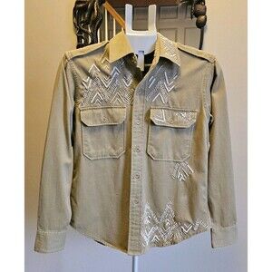 Polo Ralph Lauren Womens Western Shirt Tan XS Military Beaded Festival Boho
